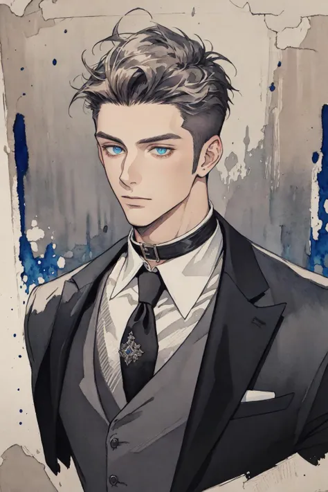 illustration, ink color, gouache watercolor, young man, solo, handsome_male, choker, burly, waistcoat, quiff, split, <lora:add_detail:1.5>, <lora:handsome_male-02:0.8>,