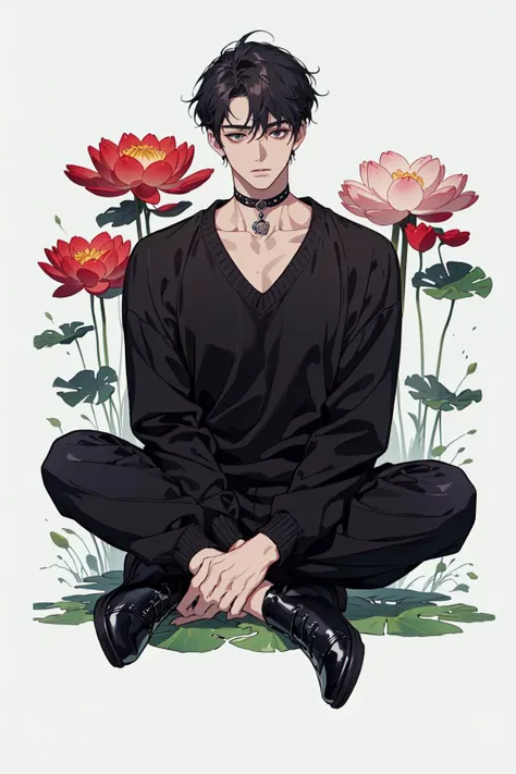 illustration, ink color, wash watercolor, 1boy, solo, handsome_male, choker, solid, jumper, crew cut, lotus position, <lora:add_detail:1.5>, <lora:handsome_male-02:0.8>,