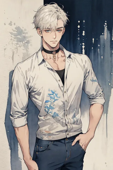 illustration, ink color, painterly watercolor, young man, solo, handsome_male, choker, in shape, bermuda shorts, temp fade, leaning back, <lora:add_detail:1.5>, <lora:handsome_male-02:0.8>,