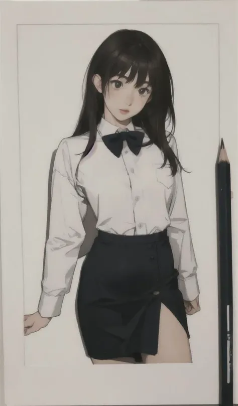 masterpiece, best quality, highres, 1girl, dark hair,small breasts,simple suit,open dress shirt,pencil skirt,japanese girl,