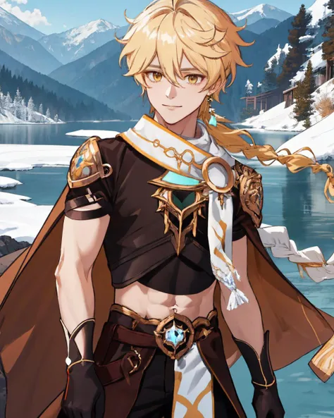 masterpiece, best quality, extremely detailed CG 8k wallpaper, {1man, male_focus, solo, look at viewer}, {blonde hair, ahoge, long hair, hair between eyes, yellow hair, braid, single braid, detailed face, handsome, twink, gentle smile, jewelry, earrings, single earring, scarf, white scarf, gloves, black gloves, short sleeves, pants, crop top}, {toned, muscular_male, muscular, wide shoulder, narrow waist, midriff, navel}, {a man wearing a wind coat with extravagant embellishments sits in front of beautiful snow mountains and lakes, sunshine, sunlight}, <lora:Aether1-10:1:1:0.8:0.8:0.8:0.2:0.2:0.8:0.8:0.8:0.8:0.8:0.2:0.2:0.2:0.2:0.2:0.2>, masterpiece, best quality,