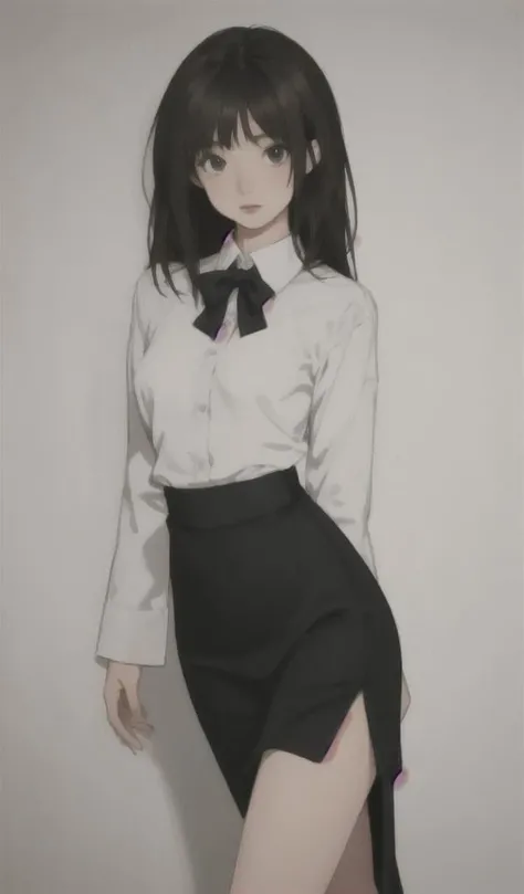 masterpiece, best quality, highres, 1girl, dark hair,small breasts,simple suit,open dress shirt,pencil skirt,japanese girl,