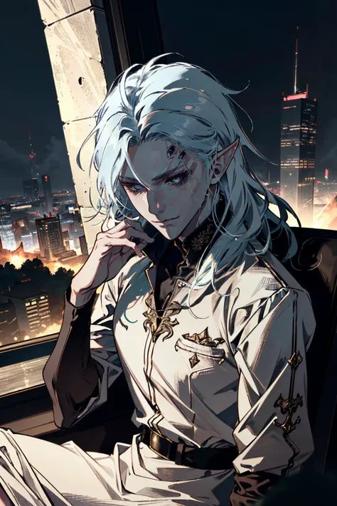 ((ultra detailed, masterpiece, absurdres))
<lora:BGKarniss:0.8>
BGKarniss, 1boy, extra eyes, white hair, pointy ears, colored skin, looking at viewer, cityscape, at night, on top of a skyscraper, short dress, sitting, portrait