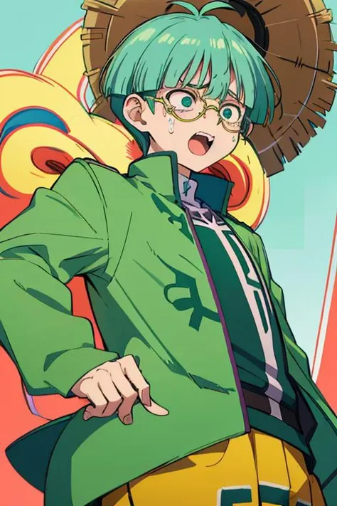 <lora:Weevil_light_v4:1> 1boy, haga, open_mouth, Astonishment, funny faces, tears, runny nose, humiliation, tears, rolling eyes,ugly,hands_up, from below,, glasses, green_jacket,