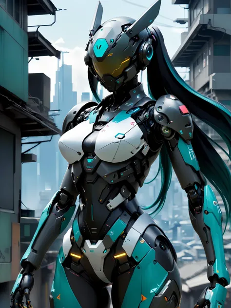 fine eyes, high nose, hatsune miku,cyber,Cyborg, Mech, Exosuit,solo, powerful cybernetic female soldier with slender body, post-apocalyptic city landscape, (huge breasts), young, (athletic, strong, fit, muscular arms), reflections highlight her ,wide shoulders, (thin waist), katana, (beautiful face), cinematic,mecha,
 <lora:CyborgMechExosuit:0.65>