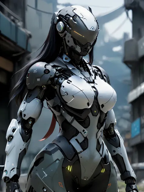 cyber,Cyborg, Mech, Exosuit,solo, powerful cybernetic female soldier with slender body, post-apocalyptic city landscape, (huge breasts), young, (athletic, strong, fit, muscular arms), reflections highlight her ,wide shoulders, (thin waist), katana, (beautiful face), cinematic,mecha,
 <lora:CyborgMechExosuit:0.8>