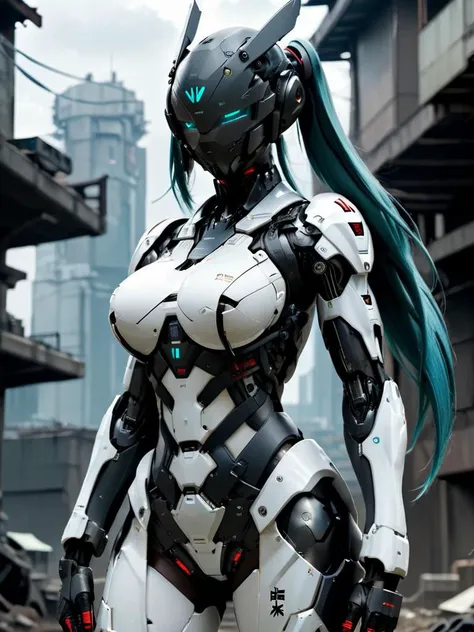 hatsune miku,cyber,Cyborg, Mech, Exosuit,solo, powerful cybernetic female soldier with slender body, post-apocalyptic city landscape, (huge breasts), young, (athletic, strong, fit, muscular arms), reflections highlight her ,wide shoulders, (thin waist), katana, (beautiful face), cinematic,mecha,
 <lora:CyborgMechExosuit_v1.5:0.9>