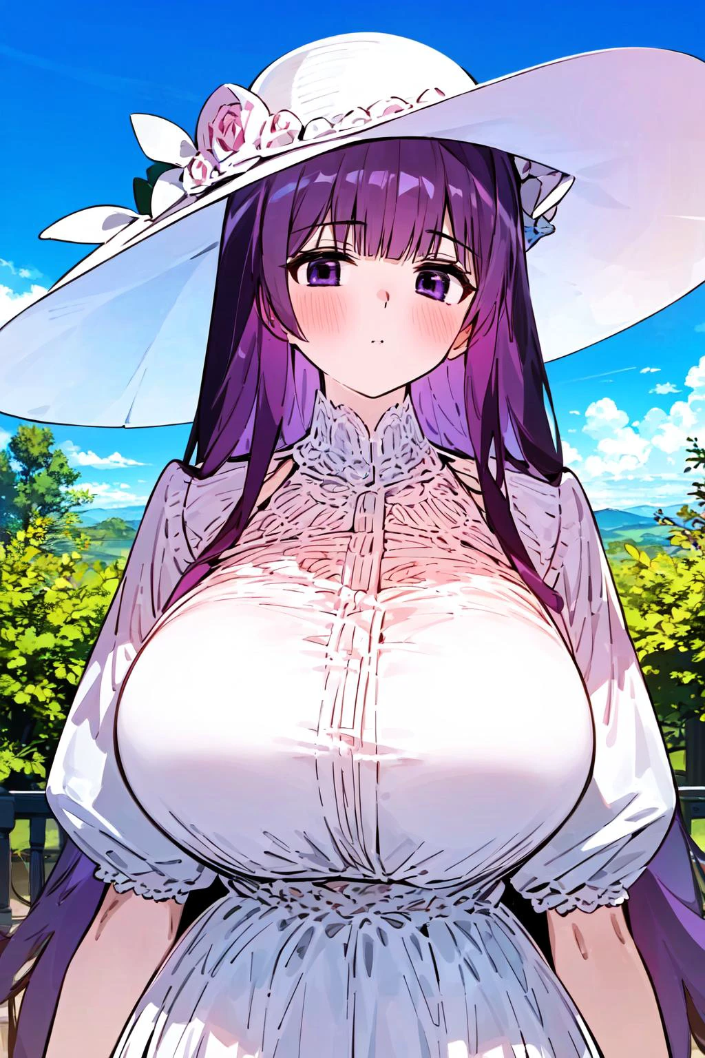 (masterpiece, official art),1girl,solo,long hair,colored,tall female,sun hat,hat,looking at viewer,blush,bangs,dress,purple hair,large breast, cloudy,blue sky, <lora:lora:1> ShockGyutantei