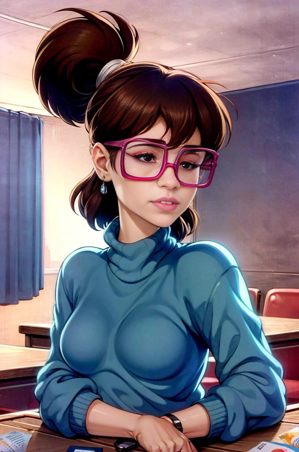 [ irma | Marisa Tomei ], age 18, brown eyes, blue_sweater, detailed long-sleeve turtleneck sweater, detailed face, detailed eyes, detailed lips, brown hair, updo, button nose, skirt, medium breasts, indoors, upper body, <lora:Irma_Langenstein:0.9> <lora:MarisaT:0.7>