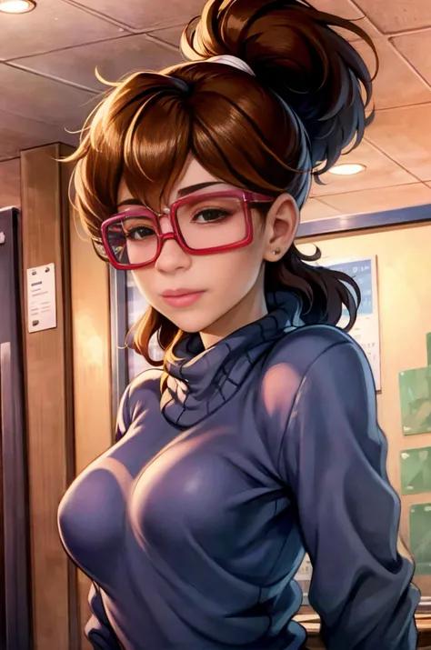[ irma | Marisa Tomei ], age 18, brown eyes, blue_sweater, detailed long-sleeve turtleneck sweater, detailed face, detailed eyes, detailed lips, brown hair, updo, button nose, skirt, medium breasts, indoors, upper body, <lora:Irma_Langenstein:0.9> <lora:MarisaT:0.7>