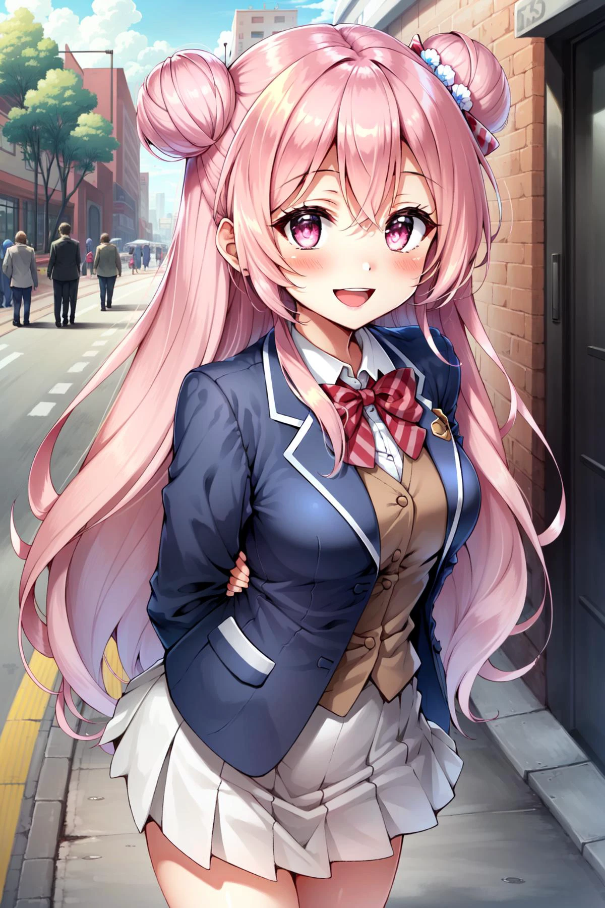 ((masterpiece:1.4, best quality)), (ultra detailed),(ultra detailed eyes), (ultra detailed), (illustration), (distinct_image), (intricate_details), (delicate illustration), 1girl, public, outdoors, street, car,
<lora:matsuzaka satou:0.5>, matsuzaka satou, arms behind back, 1girl, :d, bangs, blazer, blue jacket, blush, bow, bowtie, brown vest, collared shirt, double bun, hair between eyes, hair bun, hair ornament, hair ribbon, long hair, long sleeves, looking at viewer, open jacket, open mouth, pink eyes, pink hair, plaid, red bow, ribbon, school uniform, shirt, smile, striped, striped bow, very long hair, vest, white shirt, green skirt,
