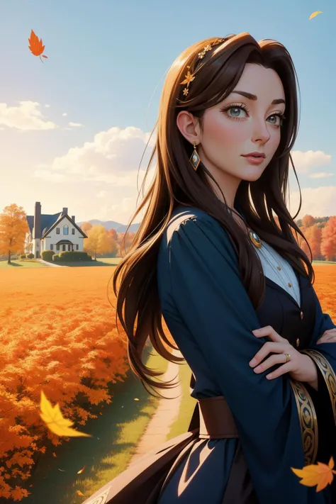 m3ryl_n0texist, grand Digital art, behance, close-up shot of a ("McMansion & Wife":1.3) , it is very Doodle Art style and Sickening, plain Deeply Thoughtful background, spring field with Autumn leaf pile, at Nighttime, horizon-centered, Cel shading, Peaceful, Emo Art, back-light, Circular polarizer, Single Color, Bright design, lovely, trending on CGSociety, beautiful, zen, amateurish