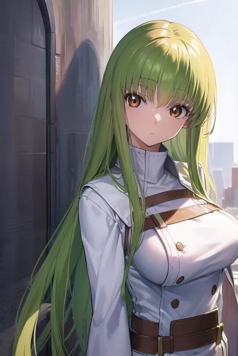 codegeasscc, <lyco:codegeasscc-lyco-nochekaiser:1>,
cc, (brown eyes:1.5), green hair, long hair, straight hair,
BREAK straitjacket, (white straitjacket:1.5), wide sleeves,
BREAK outdoors, city,
BREAK looking at viewer, (cowboy shot:1.5),
BREAK <lyco:GoodHands-beta2:1>, (masterpiece:1.2), best quality, high resolution, unity 8k wallpaper, (illustration:0.8), (beautiful detailed eyes:1.6), extremely detailed face, perfect lighting, extremely detailed CG, (perfect hands, perfect anatomy),