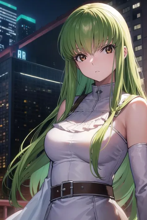 Time Gal, a woman with long green hair, wearing a loose short red vest, red bikini bottoms and tall white boots, a laser gun holster around her waist, alone, standing with her hand on her hip, breasts party visible, inside a space station interior, in full view in high detail