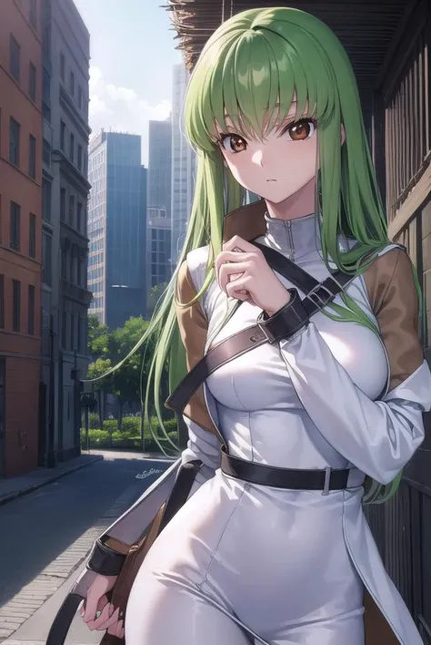 codegeasscc, <lyco:codegeasscc-lyco-nochekaiser:1>, 
cc, (brown eyes:1.5), green hair, long hair, straight hair,
BREAK straitjacket, (white straitjacket:1.5), wide sleeves,
BREAK outdoors, city,
BREAK looking at viewer, (cowboy shot:1.5),
BREAK <lyco:GoodHands-beta2:1>, (masterpiece:1.2), best quality, high resolution, unity 8k wallpaper, (illustration:0.8), (beautiful detailed eyes:1.6), extremely detailed face, perfect lighting, extremely detailed CG, (perfect hands, perfect anatomy),