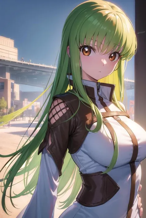 Extremely beautiful girl, green hair, long hair, bright green eyes, High School Clothing, Huge breasts, good quality, masterpiece, Malicious face, pointing at the camera