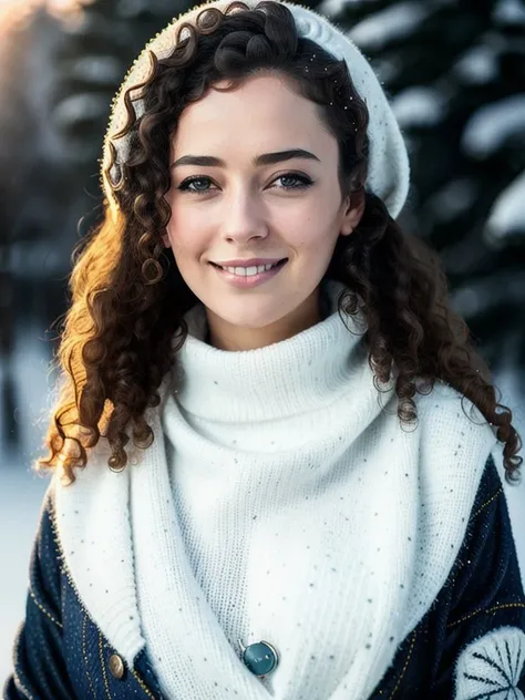 LeilaLowfire768 portrait, smile, big breast, wasp waist, turtleneck, jeans, snow, sunset, detailed eyes, photography, trending on artstation, sharp focus, studio photo, intricate details, highly detailed, by greg rutkowski <lora:LeilaLowfire768:0.6>
