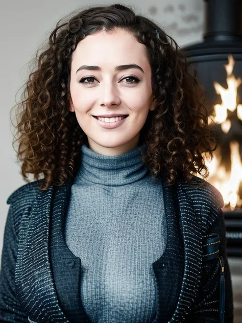 LeilaLowfire768 portrait, smile, big breast, wasp waist, turtleneck, jeans, fireplace, detailed eyes, photography, trending on artstation, sharp focus, studio photo, intricate details, highly detailed, by greg rutkowski <lora:LeilaLowfire768:0.7>