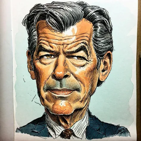 (extremely rough:1.5) (hand drawn:1.5) ink and color  (sketch:1.5) of Pierce Brosnan,  Recycling newspapers, caricature  in cuneo style, (full character:1.4),   (irregular lines:1.5), complete outfit, candid pose,  extremely detailed, (surreal:1.5), paper texture background  <lora:Cuneo_Style_XL_LyCoris_v1.6:1> <lora:add-detail-xl:0.4>