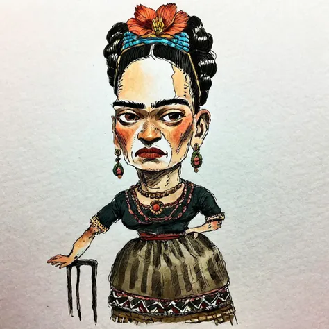 (extremely rough:1.5) (hand drawn:1.5) ink and color (sketch:1.5) of Frida Kahlo, caricature in cuneo style, (full character:1.4), (irregular lines:1.5), complete outfit, candid pose, extremely detailed, (surreal:1.5), paper texture background <lora:Cuneo_Style_XL_LyCoris_v1.6:1> <lora:add-detail-xl:0.4>