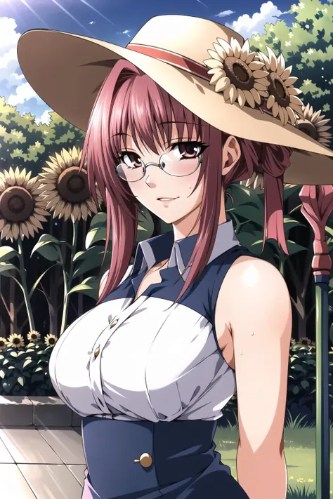 8k,(masterpiece:1.4)(best quality:1.4),(top quality), 1girl,kasumi_matsubara,glasses,hat,garden, flower, sunflower, hose,outdoor, upper body,standing, looking at viewer, solo focus, (shiny skin), <lora:kasumisan:0.7>