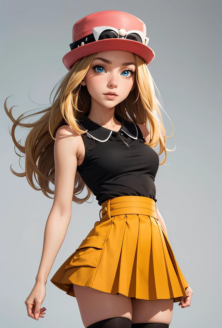 (masterpiece, best quality), 1girl, <lora:PKMN_Serena_Gen6_v1:0.8> pkmnserena, 1girl, solo, blue eyes, blonde hair, long hair, low-tied long hair, hat, pink headwear,, black shirt, collared shirt, sleeveless, red skirt, high-waist skirt, pleated skirt, black thighhighs,