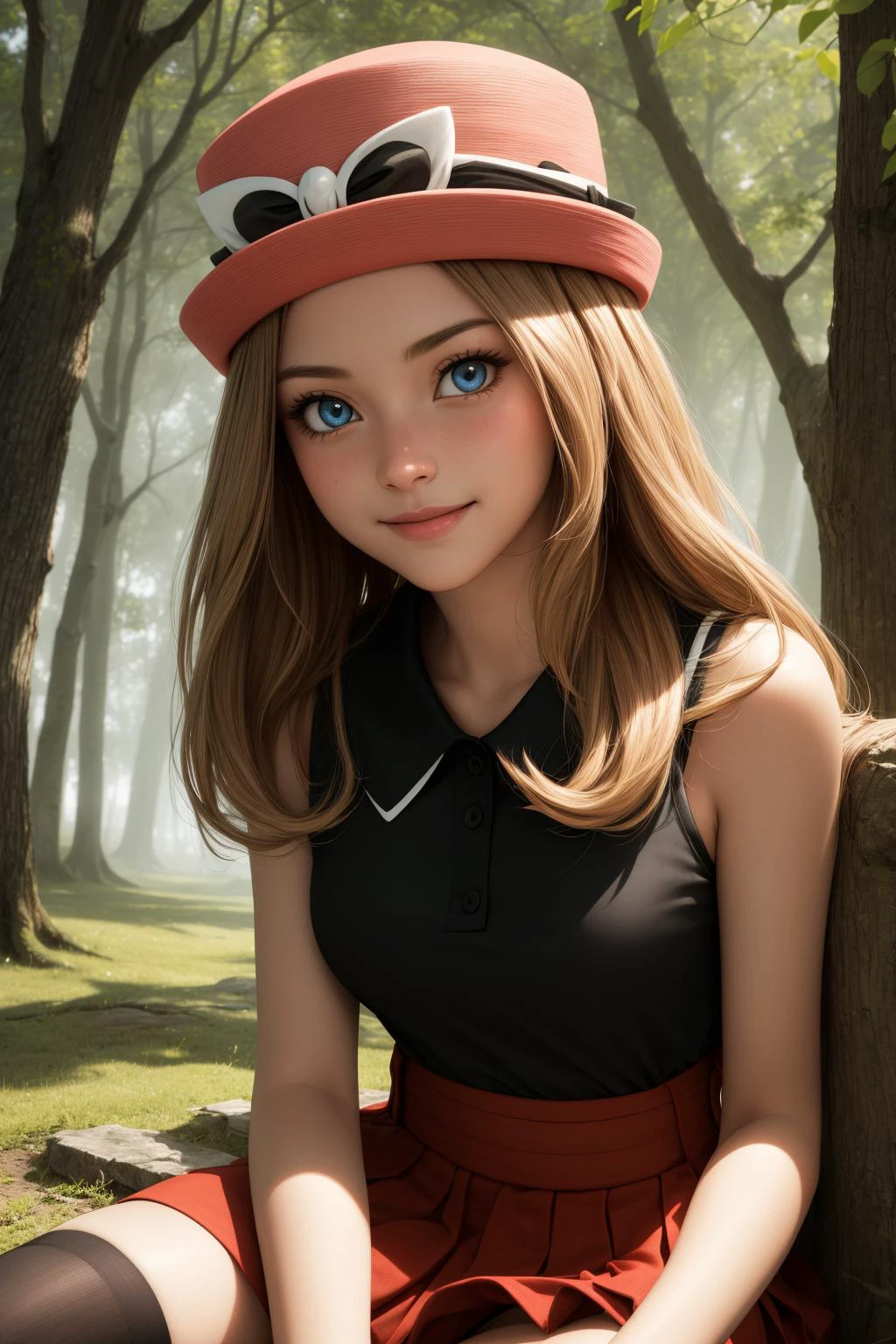 pkmnserena, 1girl, solo, blue eyes, blonde hair, long hair, low-tied long hair, hat, pink headwear,
black shirt, collared shirt, sleeveless, red skirt, high-waist skirt, pleated skirt, black thighhighs,
smile,closed mouth,cowboy shot,sitting,
forest,outdoor,
(insanely detailed, beautiful detailed face, masterpiece, best quality) cinematic lighting,<lora:PKMN_Serena_Gen6_v1:1>, <lora:more_details:0.3>,