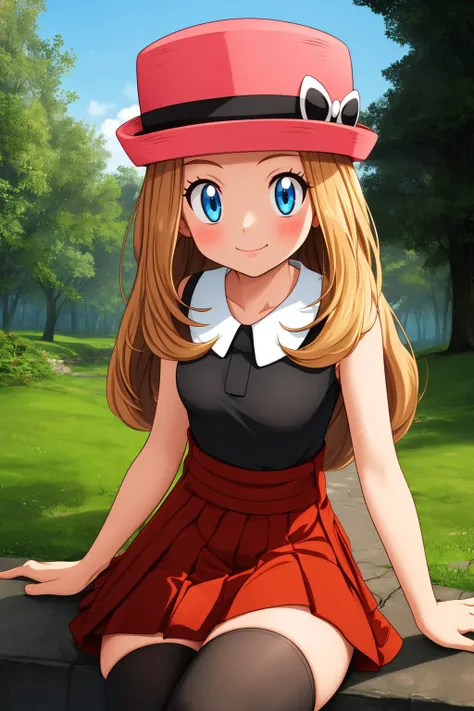 pkmnserena, 1girl, solo, blue eyes, blonde hair, long hair, low-tied long hair, hat, pink headwear,
black shirt, collared shirt, sleeveless, red skirt, high-waist skirt, pleated skirt, black thighhighs,
smile,closed mouth,cowboy shot,sitting,
forest,outdoor,
(insanely detailed, beautiful detailed face, masterpiece, best quality) cinematic lighting,<lora:PKMN_Serena_Gen6_v1:1>, <lora:more_details:0.3>,