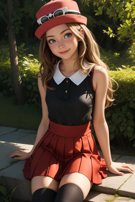 pkmnserena, 1girl, solo, blue eyes, blonde hair, long hair, low-tied long hair, hat, pink headwear,
black shirt, collared shirt, sleeveless, red skirt, high-waist skirt, pleated skirt, black thighhighs,
smile,closed mouth,cowboy shot,sitting,
forest,outdoor,
(insanely detailed, beautiful detailed face, masterpiece, best quality) cinematic lighting,<lora:PKMN_Serena_Gen6_v1:1>, <lora:more_details:0.3>,