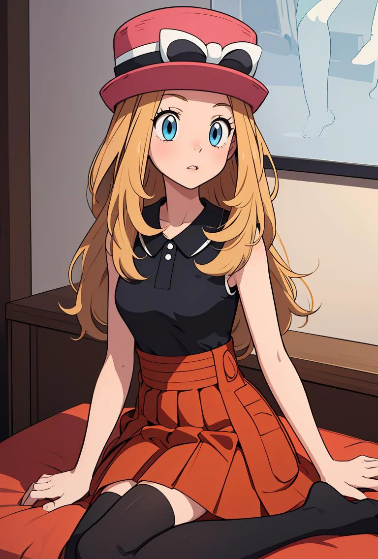 (masterpiece, best quality), 1girl, <lora:PKMN_Serena_Gen6_v1:0.8> pkmnserena, 1girl, solo, blue eyes, blonde hair, long hair, low-tied long hair, hat, pink headwear,, black shirt, collared shirt, sleeveless, red skirt, high-waist skirt, pleated skirt, black thighhighs,