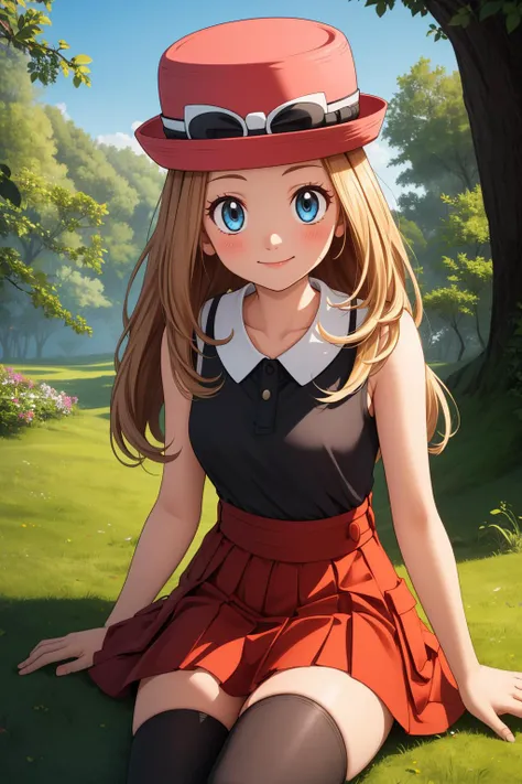 pkmnserena, 1girl, solo, blue eyes, blonde hair, long hair, low-tied long hair, hat, pink headwear,
black shirt, collared shirt, sleeveless, red skirt, high-waist skirt, pleated skirt, black thighhighs,
smile,closed mouth,cowboy shot,sitting,
forest,outdoor,
(insanely detailed, beautiful detailed face, masterpiece, best quality) cinematic lighting,<lora:PKMN_Serena_Gen6_v1:1>, <lora:more_details:0.3>,