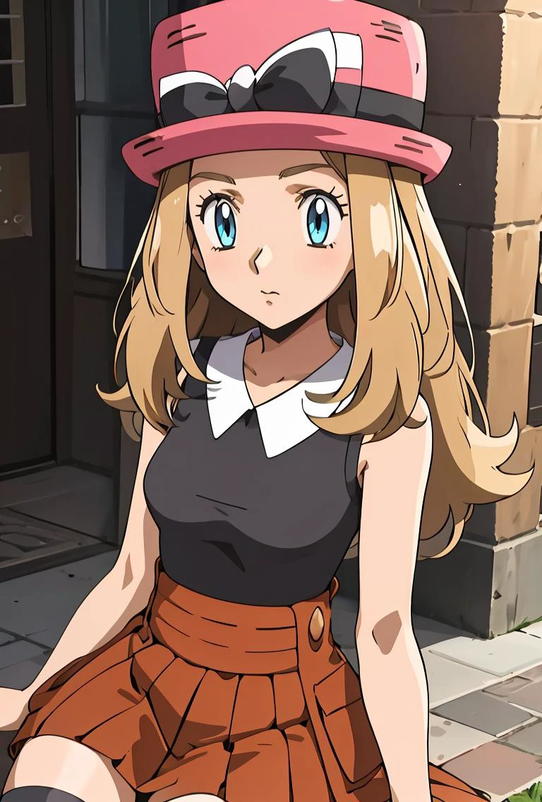 (masterpiece, best quality), 1girl, <lora:PKMN_Serena_Gen6_v1:0.8> pkmnserena, 1girl, solo, blue eyes, blonde hair, long hair, low-tied long hair, hat, pink headwear,, black shirt, collared shirt, sleeveless, red skirt, high-waist skirt, pleated skirt, black thighhighs,