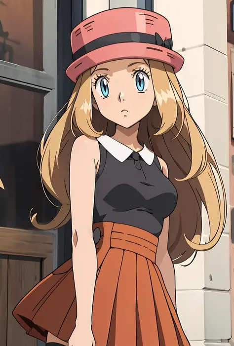 (masterpiece, best quality), 1girl,     <lora:PKMN_Serena_Gen6_v1:0.8> pkmnserena, 1girl, solo, blue eyes, blonde hair, long hair, low-tied long hair, hat, pink headwear,, black shirt, collared shirt, sleeveless, red skirt, high-waist skirt, pleated skirt, black thighhighs,