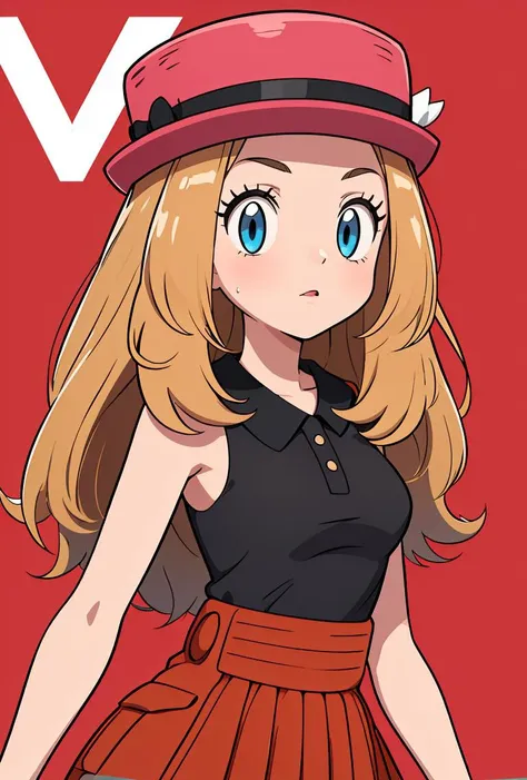 (masterpiece, best quality), 1girl,     <lora:PKMN_Serena_Gen6_v1:0.8> pkmnserena, 1girl, solo, blue eyes, blonde hair, long hair, low-tied long hair, hat, pink headwear,, black shirt, collared shirt, sleeveless, red skirt, high-waist skirt, pleated skirt, black thighhighs,