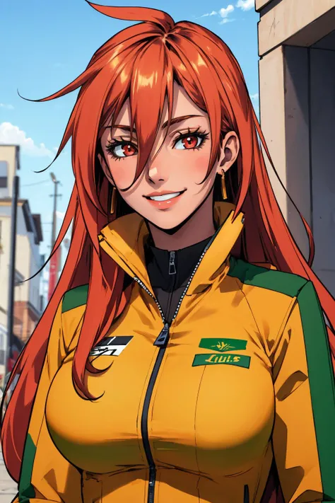 masterpiece, best quality, 1girl, solo <lora:jishuka-nvwls-v1-000008:0.8> jishuka, hair between eyes, large breasts, yellow and green jacket, closed jacket, upper body, smile