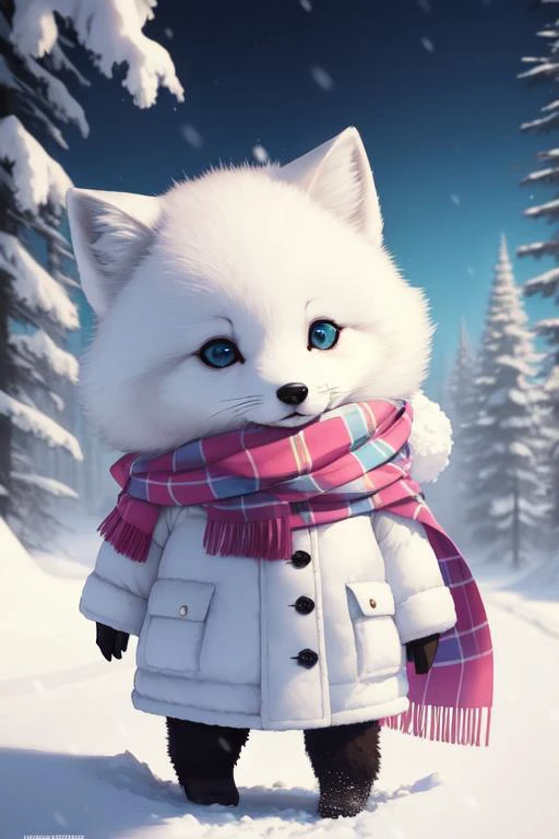 Style-NebMagic, Portrait of a round fluffy cute baby arctic fox with a scarf made of Style-SylvaMagic in the snow, by Ismail Inceoglu, Gazelli, james jean, Anton Fadeev and Yoshitaka Amano, insanely detailed, 8k resolution, digital art, trending on artstation, Vibrant Colours, chibi style, a masterpiece, adorable friendly lovely