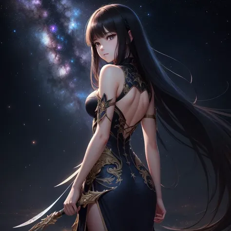 blade, best quality ,masterpiece, illustration, an extremely delicate and beautiful, extremely detailed ,CG ,unity ,8k wallpaper, Amazing, finely detail, masterpiece, best quality, official art, extremely detailed CG unity 8k wallpaper, ultra-detailed, highres, extremely detailed, ((from behind))), beautiful detailed girl, extremely detailed eyes and face, beautiful detailed eyes, light on face, 1girl, glaring, serious, (galaxy:1.2), star \(sky\), outdoors, (upper body:1.4), detailed sky, night, china dress, see-through