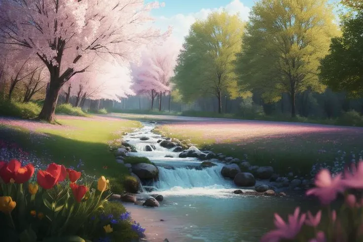 a sunny meadow filled with wildflowers of various colors, surrounded by tall, lush pink trees with new leaves, and a gentle breeze blowing through. In the distance, there is a small stream flowing, masterpiece, best quality, high quality, extremely detailed CG unity 8k wallpaper, oil paiting, award winning photography, Bokeh, Depth of Field, HDR, bloom, Chromatic Aberration ,Photorealistic,extremely detailed, trending on artstation, trending on CGsociety, Intricate, High Detail, dramatic, art by midjourney