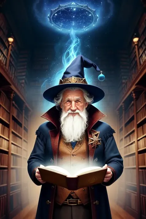 Style-NebMagic, an award winning masterpiece character concept art of solo, up close,a wizard holding up magic spellbook pulsing with celestial Style-Nebmagic, magic book, wrinkled skin, fantasy wizard hat, jovial, short old man, inside a ((magical library)) where the ceiling is made of stars, full body, close up, looking at viewer, mysterious ambiance, mystery, intrigue, laughter, dynamic lighting, beautiful lighting