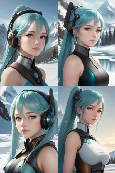 (photo_\\(medium\\):1.2), by Antonio J. Manzanedo, by Jeremy Lipking, 1girl, Hatsune Miku, looking at the camera, (facing the viewer:1.1), (photorealistic:1.2), hyperrealistic, photorealism, close-up, head and shoulders, teal hair, blue eyes, friendly, eyelashes, steampunk, sleeveless, subsurface skin scattering, snowy mountain background, symmetry, depth of field, 8k, vfx, hdr, rtx