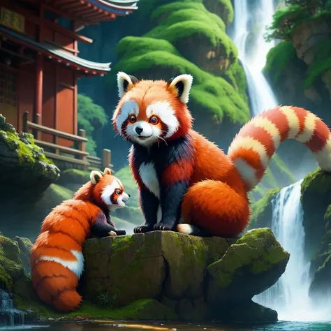 masterpiece anime cute red panda, shrine in the background overlooking a waterfall, intricate detail, studio ghibli, octane, hdr, digital painting, diffused lighting, 4k, hdr, sharp focus, vibrant colours