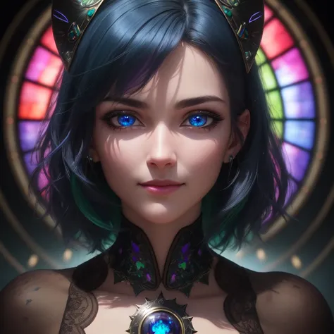 close POV, young adult woman, blue purple green color palette, black hair with dark green shine, two symmetrical antennae on head, big blue eyes sparkling, rings around eyes, two-tone black and red, smiling at the camera, elegant pose, looking at the viewer, vivid stained glass window background, oil painting, character portrait, drawn in medibang paint, 4k wallpaper, aesthetic, masterpiece, award-winning photography, macro photography vivid colors, photorealistic, atmospheric, cinematic, moody, rule of thirds, majestic, detailed, perfect anatomy cowboy shot, contrapposto, looking at viewer, highres, superb, 8k wallpaper, extremely detailed, intricate, unreal engine 5, volumetric lighting, realistic, realistic lighting, cinematic, 4k, cinematic lighting, 8k, depth of field, 3d, masterpiece, perfect, award-winning, hyper-detailed, photorealistic, ultra realistic, realistic light, hard lighting, intricate details, stop motion, hyperfocus, tonemapping, sharp focus, hyper detailed, detailed eyes, eyes focus, (illustration:1.1), highres, (extremely detailed CG unity 8k wallpaper:1.1), (mid shot1.25), (portrait:1.25), (solo:1.2), 1girl, (beautiful face:1.15), (nixeu_soft:0.7), (nixeu_white:0.7),