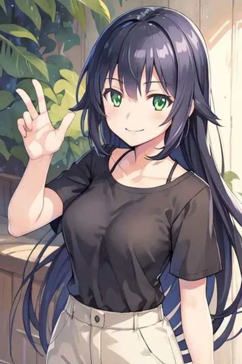 1girl adult, black hair, long hair, green eyes, casual black t-shirt, gesturing, smiling, perfect breasts, vivid digital illustration, (masterpiece:0.5), from shining resonance (and log horizon:0.75)