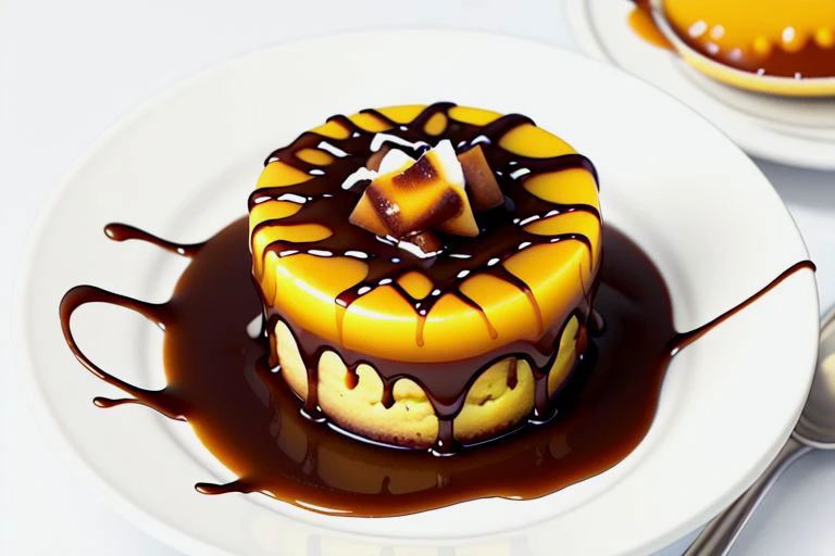 A dark rich caramel and a delicious yellow pudding swirl together to form a pudding. on awhite background.