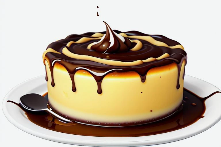 A dark rich caramel and a delicious yellow pudding swirl together to form a pudding. on awhite background.