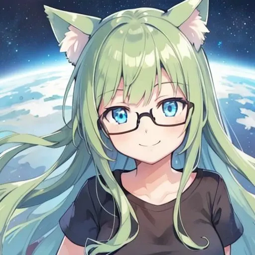 1girl, adult nerd catgirl goddess, long green hair, straight cut bangs, blue eyes, black frame glasses, black t-shirt, floating on a spaceship orbiting mars, smiling, vivid digital illustration, (masterpiece:0.5), from hyperdimension neptunia, close up