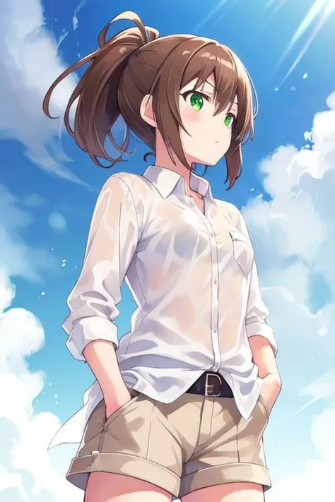 1girl adult, brown hair, short hair, short ponytail, green eyes, formal translucent white shirt, beige shorts, hand in pocket, small breasts, vivid digital illustration, (masterpiece:0.5), from hyperdimension neptunia