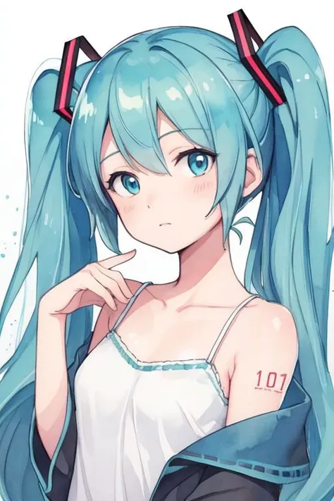 hatsune miku, white camisole, vivid digital watercolor illustration