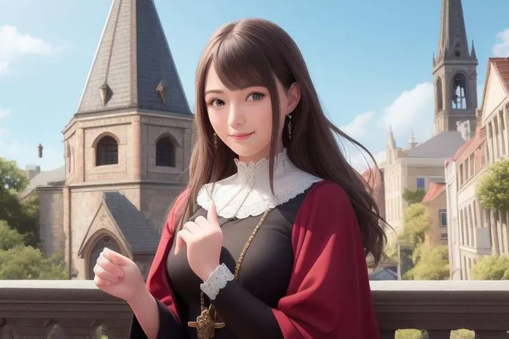 (masterpiece), (best quality), (extremely detailed), (1girl), solo, (pretty cute girl), looking at viewer, smile, slender, evenly sized eyes, extremely detailed eyes, priestess, hair ornament, upper body, (grand church of the exaltation of the holy cross steeple), outdoors, wide shot, extremely detailed wallpaper, (completely detailed features), 16k, UHD, own hands together, &&