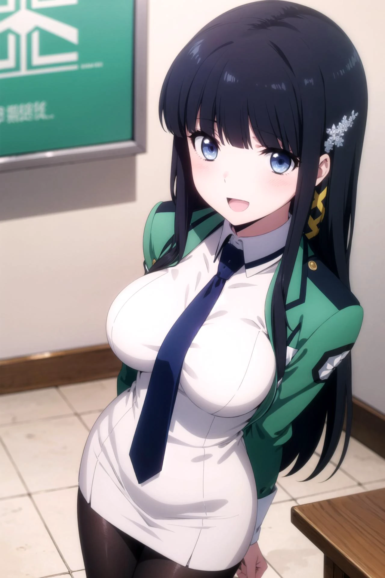 1girl, solo, masterpiece, best quality,
<lora:miyuki-mahouka:0.8>,
mahouka koukou no rettousei, miyuki shiba, shiba miyuki, black eyes, blue eyes, tsurime, eyelashes, black hair, long hair, hime cut, straight hair, blunt bangs, blunt ends, sidelocks, hair ornament, snowflake hair ornament, first high school uniform, dress, white dress, collared dress, pencil dress, necktie, black necktie, short necktie, jacket, green jacket, cropped jacket, open jacket, long sleeves, large breasts, pantyhose, breasts,
cowboy shot, leaning forward, v arms, from above, looking up, looking at viewer,
blush, smile, :d, open mouth,
simple background, white background, heart background, heart, spoken heart